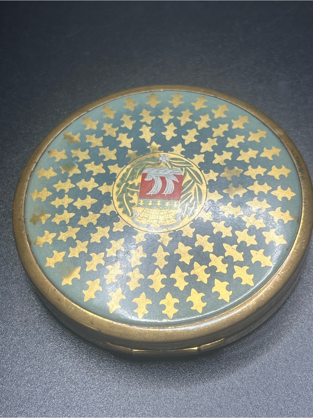 Vintage Coty New York Paris Rachel 1 powder compact blue gold fleur de lis
